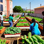 **Image Prompt:** A vibrant community garden scene in a bustling urban area. Diverse people, including climate migrants, are working together, planting vegetables and flowers. Solar panels gleam on a nearby sustainable housing complex. The overall atmosphere is hopeful and collaborative, showcasing economic empowerment through vocational training and community integration. Include elements of local Spanish culture and agriculture.