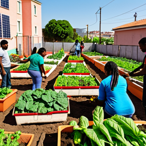 **Image Prompt:** A vibrant community garden scene in a bustling urban area. Diverse people, including climate migrants, are working together, planting vegetables and flowers. Solar panels gleam on a nearby sustainable housing complex. The overall atmosphere is hopeful and collaborative, showcasing economic empowerment through vocational training and community integration. Include elements of local Spanish culture and agriculture.