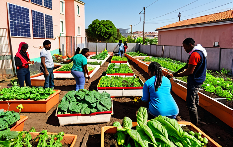 **Image Prompt:** A vibrant community garden scene in a bustling urban area. Diverse people, including climate migrants, are working together, planting vegetables and flowers. Solar panels gleam on a nearby sustainable housing complex. The overall atmosphere is hopeful and collaborative, showcasing economic empowerment through vocational training and community integration. Include elements of local Spanish culture and agriculture.