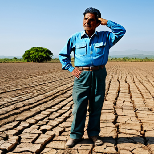 Home 7 A middle-aged farmer from Central America, dressed in modest, practical work clothing including a long-sleeved shirt and durable pants, standing in a wide, parched field with visibly cracked earth under a bright, clear sky. In the distance, a small, simple dwelling is visible. The farmer stands in a natural pose, looking towards the horizon with a contemplative and resilient expression. Professional photography, high resolution, natural lighting, realistic details, perfect anatomy, well-formed hands, proper finger count, correct proportions, natural body proportions, fully clothed, appropriate attire, modest clothing, safe for work, appropriate content, family-friendly.