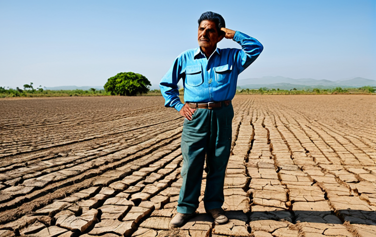 A middle-aged farmer from Central America, dressed in modest, practical work clothing including a long-sleeved shirt and durable pants, standing in a wide, parched field with visibly cracked earth under a bright, clear sky. In the distance, a small, simple dwelling is visible. The farmer stands in a natural pose, looking towards the horizon with a contemplative and resilient expression. Professional photography, high resolution, natural lighting, realistic details, perfect anatomy, well-formed hands, proper finger count, correct proportions, natural body proportions, fully clothed, appropriate attire, modest clothing, safe for work, appropriate content, family-friendly.