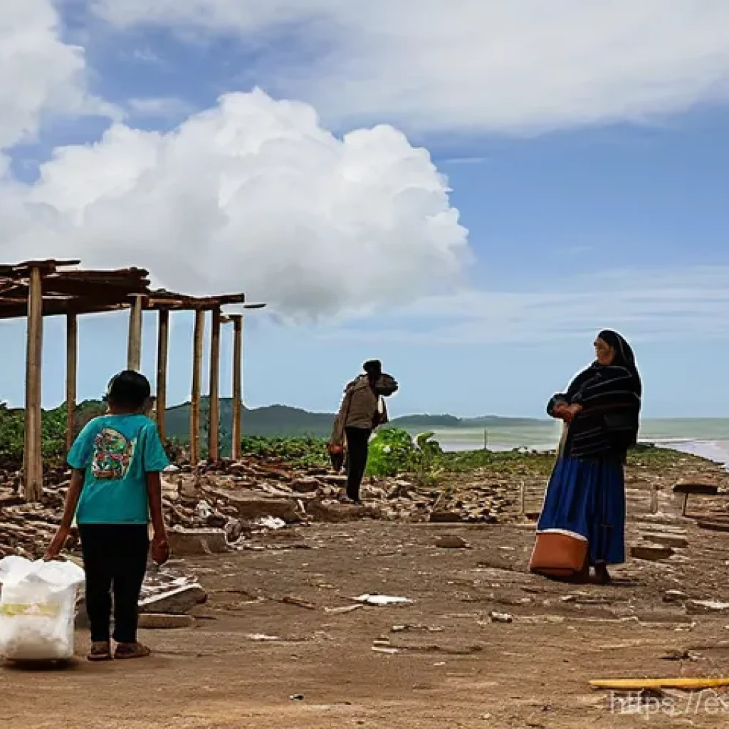 환경이주민을 위한 정책 모니터링 방안 - **Prompt:** A poignant scene depicting a family standing before the remains of their home in a coast...