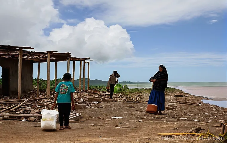 환경이주민을 위한 정책 모니터링 방안 - **Prompt:** A poignant scene depicting a family standing before the remains of their home in a coast...