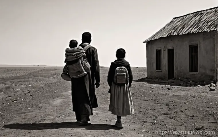 환경이주민의 사회적 정체성 형성 - **Prompt 1: The Weight of Farewell**
"A deeply emotional wide shot of a family – a mother, fathe...