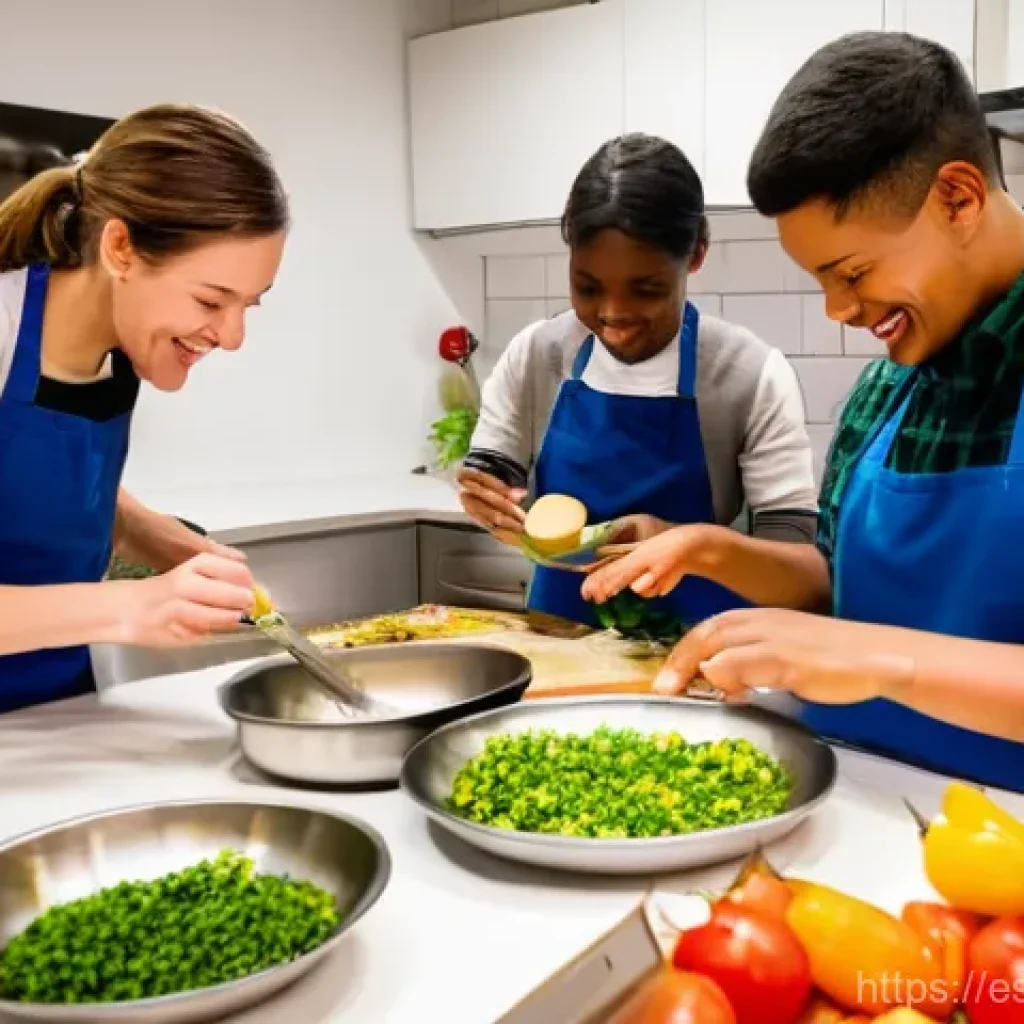 환경이주민과 지역 사회의 갈등 해결 - **Vibrant Intercultural Community Kitchen:** A diverse group of adults and teenagers from different ...