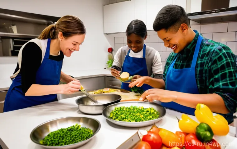 환경이주민과 지역 사회의 갈등 해결 - **Vibrant Intercultural Community Kitchen:** A diverse group of adults and teenagers from different ...