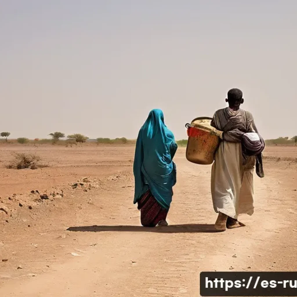 환경이주민 문제의 윤리적 측면 - **Prompt 1: The Invisible Exodus from Arid Lands**
"A wide shot depicting a family of three – a ...