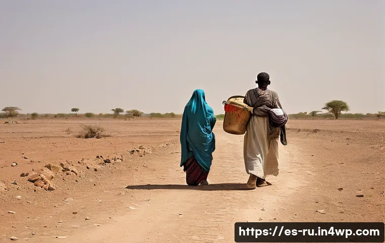 환경이주민 문제의 윤리적 측면 - **Prompt 1: The Invisible Exodus from Arid Lands**
"A wide shot depicting a family of three – a ...