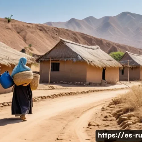 환경이주민이 직면한 법적 장벽 - A diverse group of environmental migrants arriving at a rural village in Latin America, wearing mode...