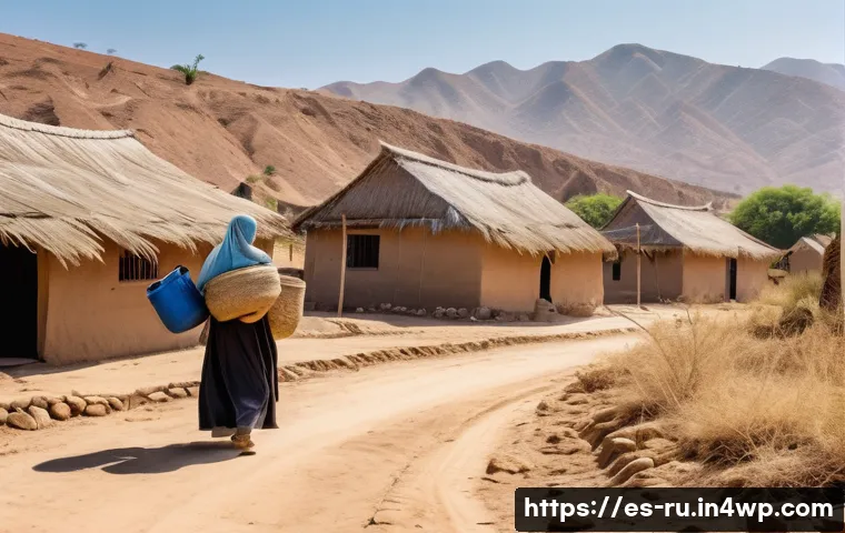 환경이주민이 직면한 법적 장벽 - A diverse group of environmental migrants arriving at a rural village in Latin America, wearing mode...