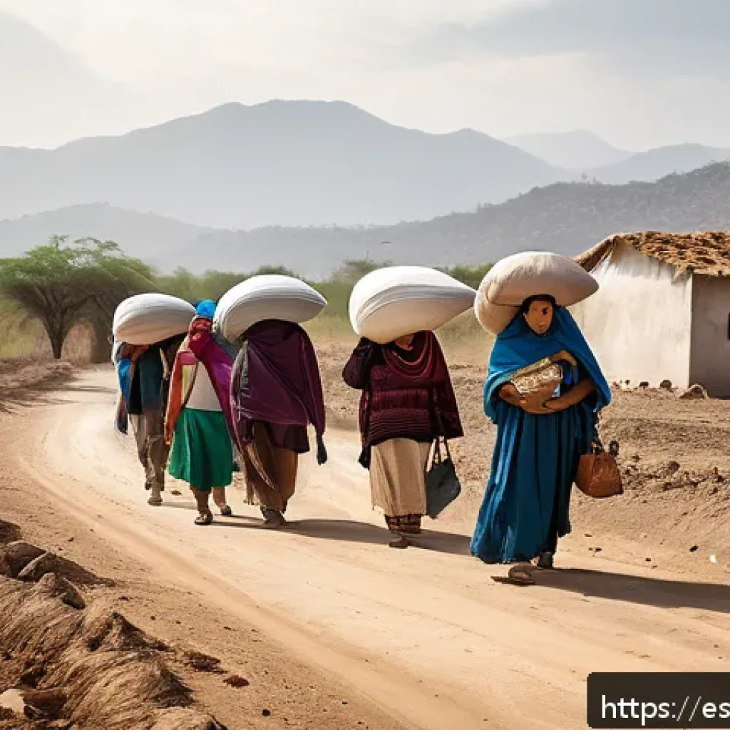 환경이주민의 권리 향상을 위한 캠페인 - A diverse group of Latin American environmental migrants wearing modest clothing and carrying essent...