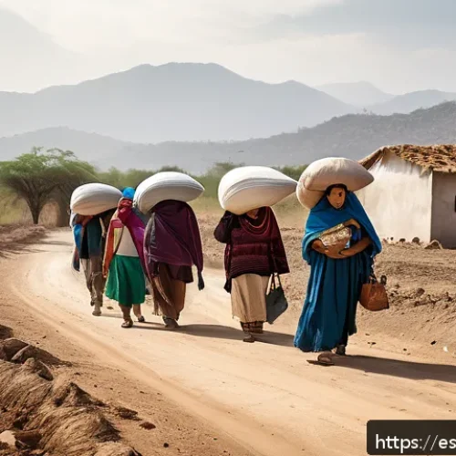 환경이주민의 권리 향상을 위한 캠페인 - A diverse group of Latin American environmental migrants wearing modest clothing and carrying essent...