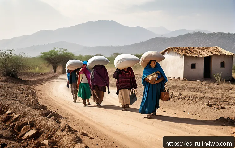 환경이주민의 권리 향상을 위한 캠페인 - A diverse group of Latin American environmental migrants wearing modest clothing and carrying essent...