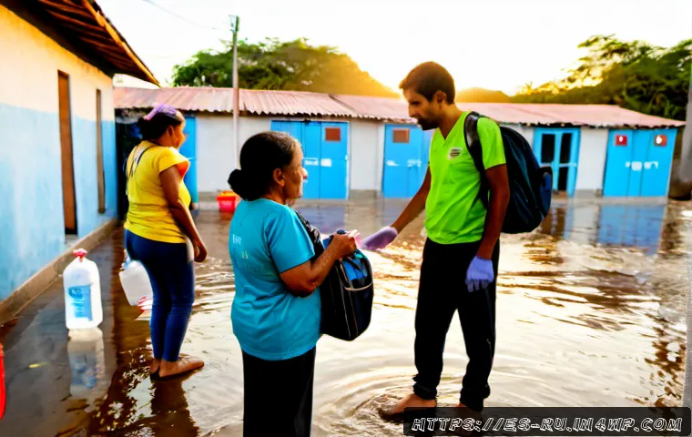 Home 17 환경이주민의 건강과 안전 문제 - Photorealistic scene of a Spanish-speaking Latin American family displaced by flooding, arriving at ...