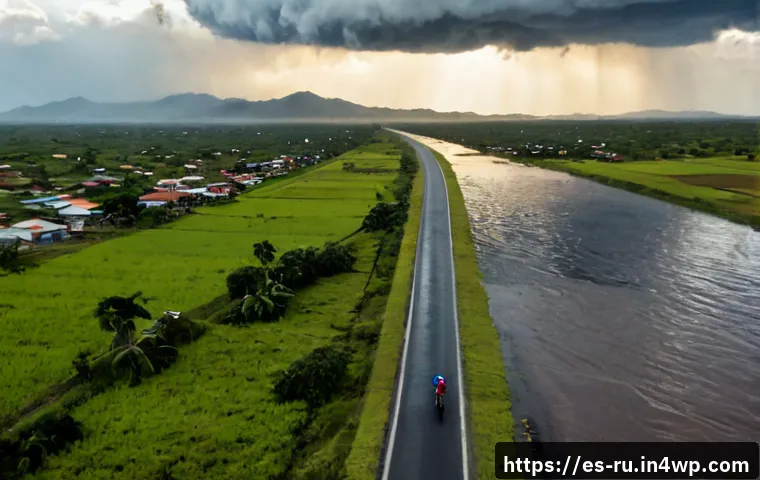 Home 17 기후변화 영향으로 인한 이주 경로 - Photorealistic wide aerial view of a climate migration route in coastal Central America, a diverse L...